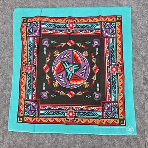 Vintage Wamcraft Bandana USA Made Turquoise Black Southwestern Tribal Scarf 22in